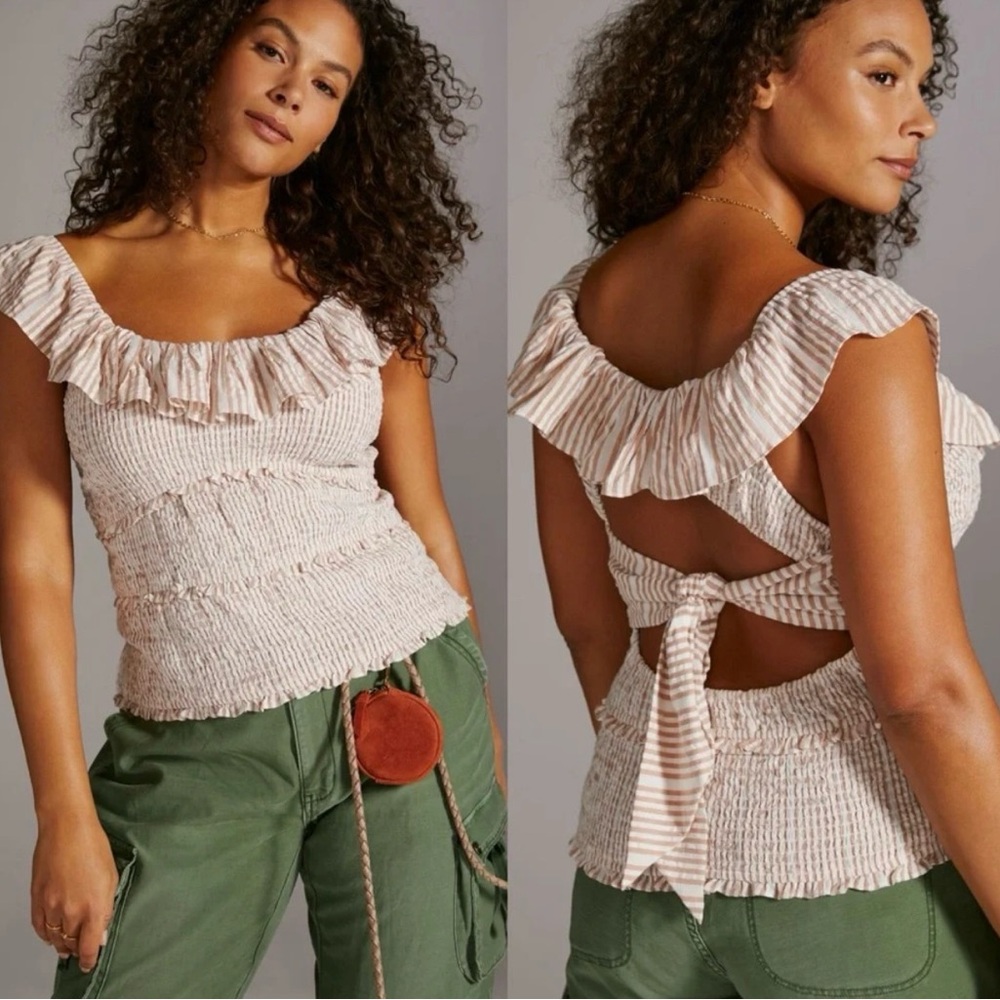 Anthropologie Shirred Cream and Tan Ruffle cropped top